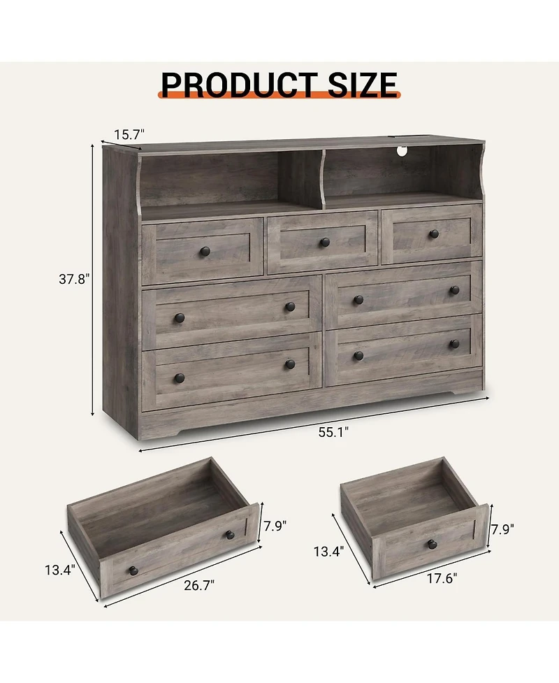 gaomon 7-Drawer Dresser with Led Lights & Charging Station, Wooden Chest with Open Storage for Bedroom