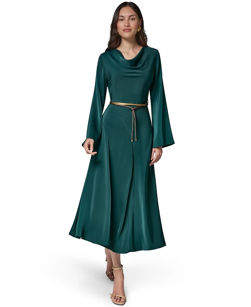 Satin Long Sleeve Cowl Neck Belted A-Line Dress