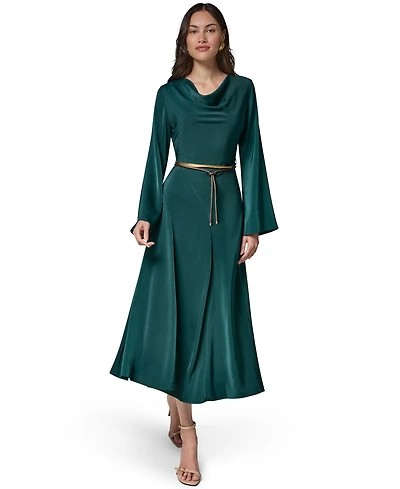 Satin Long Sleeve Cowl Neck Belted A-Line Dress