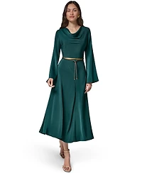 Satin Long Sleeve Cowl Neck Belted A-Line Dress