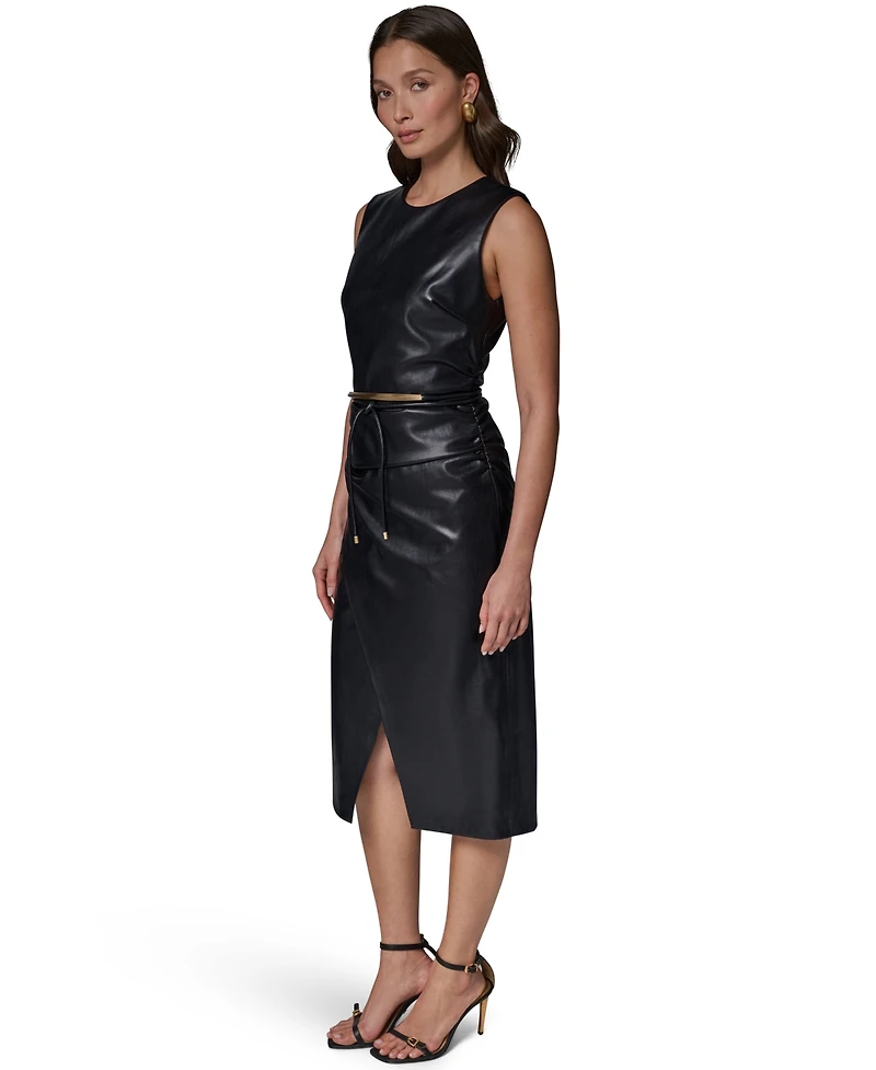 Sleeveless Faux Leather Side-Ruched Midi Dress with Lariat Belt