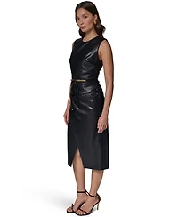 Sleeveless Faux Leather Side-Ruched Midi Dress with Lariat Belt