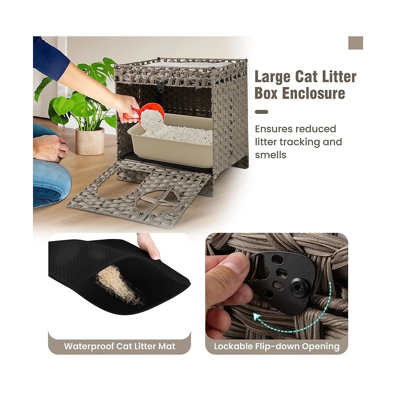 Ruie Foldable 2-Tier Rattan Cat Litter Box Enclosure House with Litter Mat
