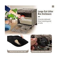 Ruie Foldable 2-Tier Rattan Cat Litter Box Enclosure House with Litter Mat