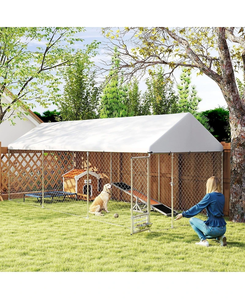 Ruie Outdoor Dog Kennel Dog Run with Rotatable Bowl Rack and Cover