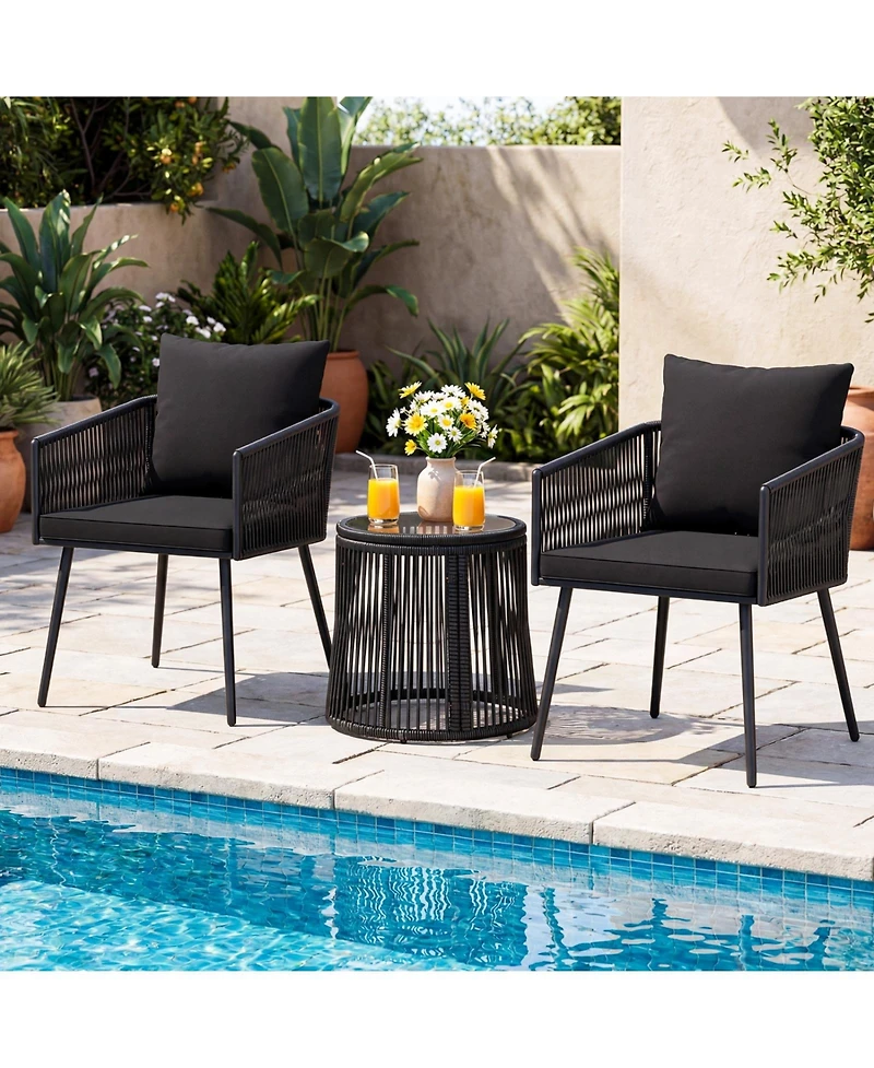 Sugift 3 Piece Outdoor Patio Bistro Furniture Set with Cushions and Glass Side Table