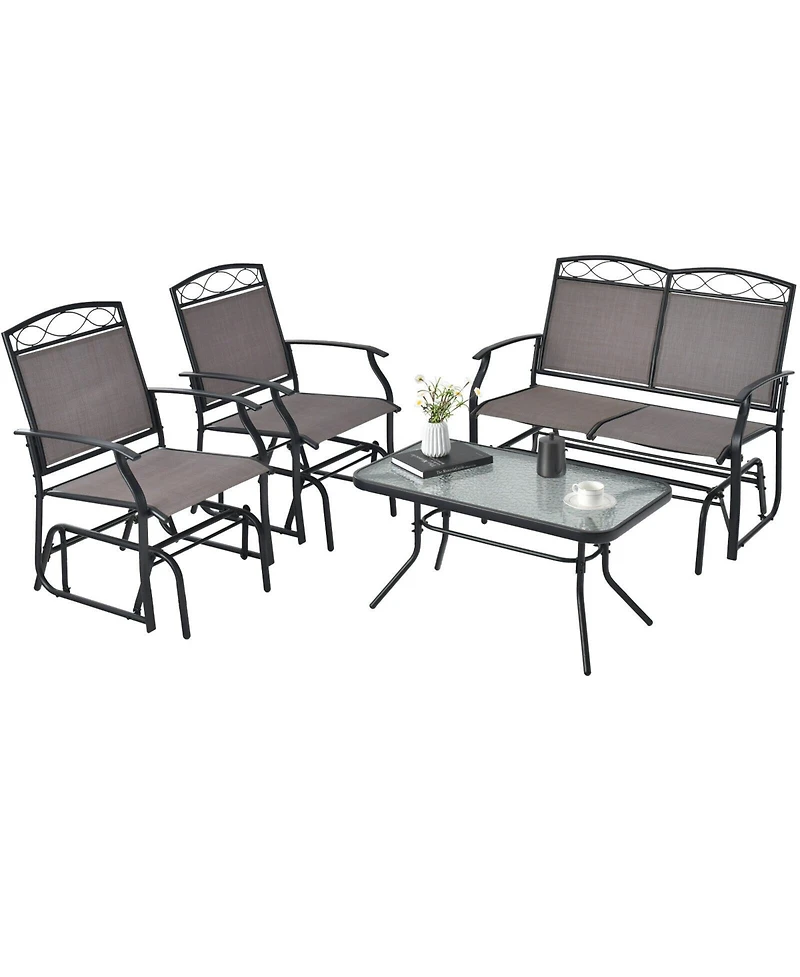 Sugift 4 Piece Patio Glider Conversation Set with Tempered Glass Coffee Table Top