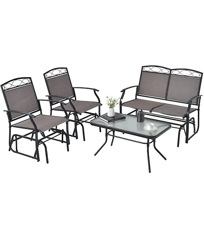 Sugift 4 Piece Patio Glider Conversation Set with Tempered Glass Coffee Table Top