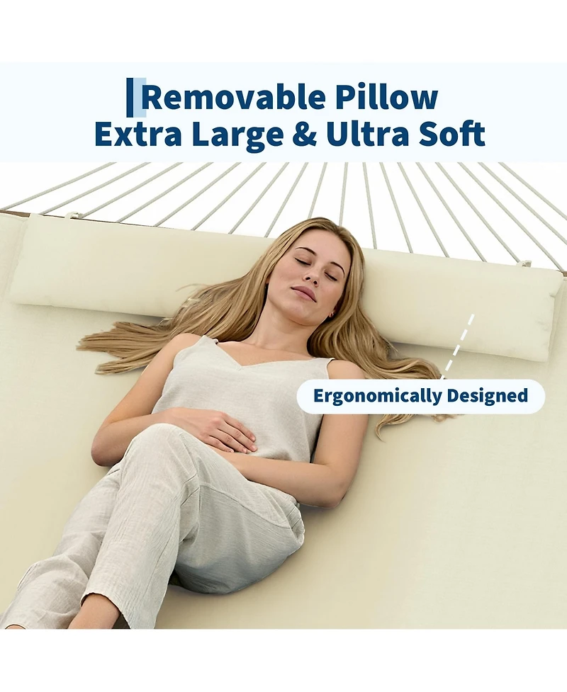 homfan 12FEET Double Hammock - Wooden Spreader Bar, Polyester-Cotton Pad, Removable Pillow, 450 Lbs