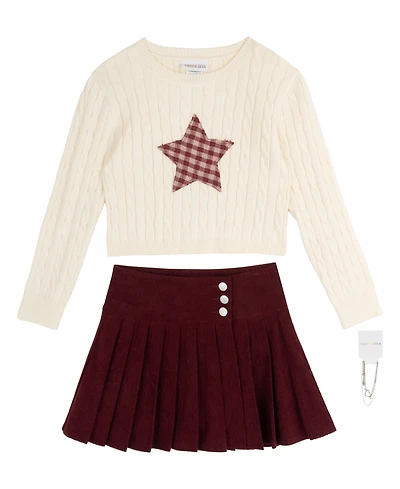 Tween Diva Girls' 7-12 Cable-Knit Sweater, Plaid Star Skort and Bracelet, 3-Piece Set