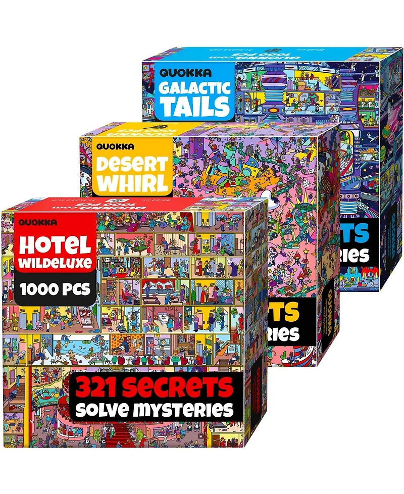 Quokka 1000 Piece Jigsaw Puzzle for Adults Set of 3 - Desert Whirl, Galactic Tails, Hotel Wildeluxe with Audio Story and 321 Secrets Each
