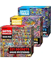Quokka 1000 Piece Jigsaw Puzzle for Adults Set of 3 - Desert Whirl, Galactic Tails, Hotel Wildeluxe with Audio Story and 321 Secrets Each