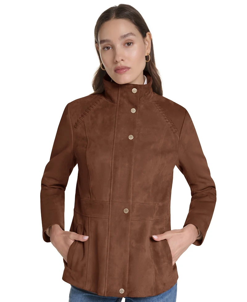 Cole Haan Women's Suede Zip Up Jacket with Stitch Detailing