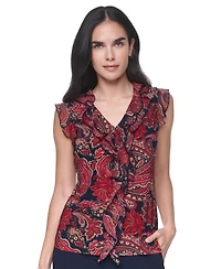 Tommy Hilfiger Women's Sleeveless Paisley V-Neck Ruffle Top