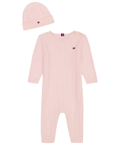 Tommy Hilfiger Baby Girls' Crewneck Coverall and Hat, 2-Piece Set