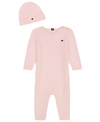 Tommy Hilfiger Baby Girls' Crewneck Coverall and Hat, 2-Piece Set