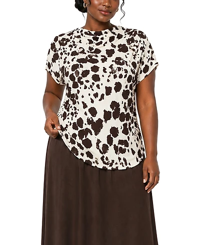 Coin 1804 Plus Cow Print Draped Short-Sleeve Top
