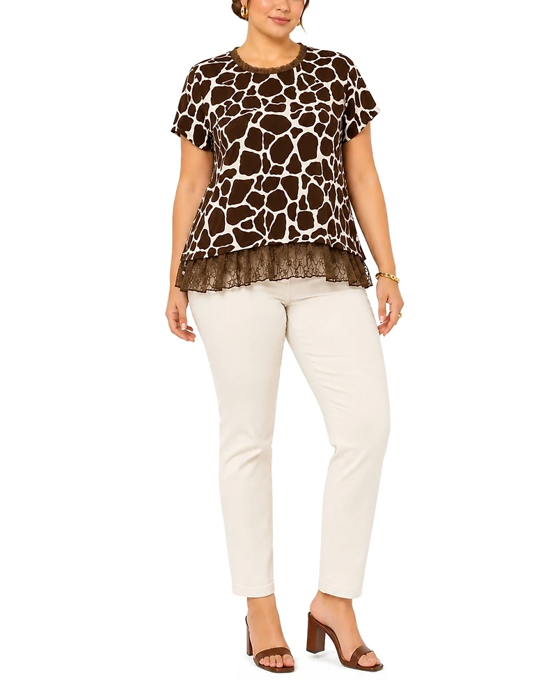 Coin 1804 Plus giraffe Print Lace Pleat Back Top