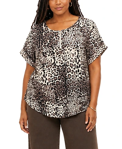Coin 1804 Plus Leopard Print Rolled Sleeve Top
