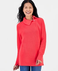 Petite Mock-Neck Asymmetrical-Zipper Sweater, Created for Macy's