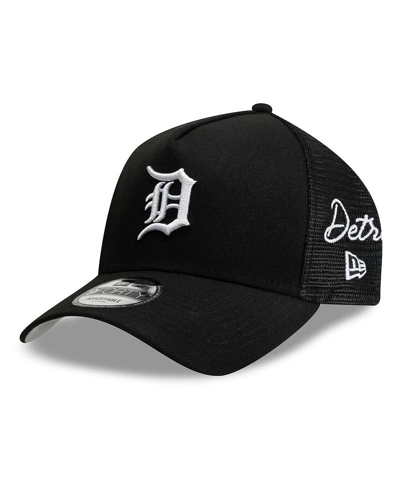 New Era Men's Black Detroit Tigers Side Script 9FORTY A-Frame Trucker Adjustable Hat