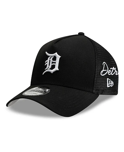 New Era Men's Black Detroit Tigers Side Script 9FORTY A-Frame Trucker Adjustable Hat