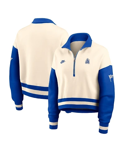 Nike Women's Natural, Royal Duke Blue Devils Oversized Legacy Color Block Cropped Quarter-Zip Pullover