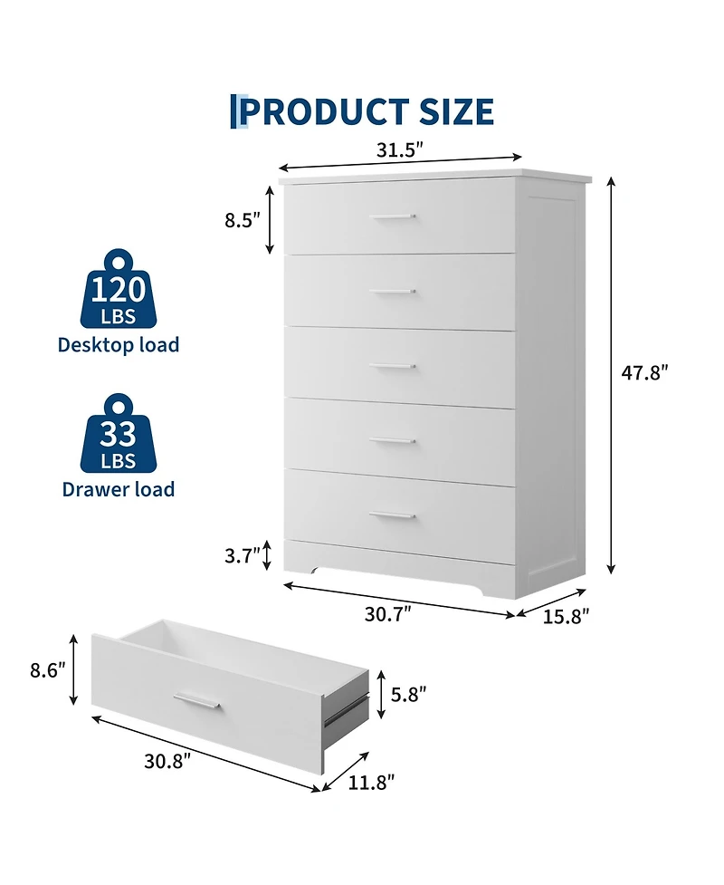 5 Drawer Dresser for Bedroom, 47" Tall Modern Chest of Drawers with Metal Handles, Storage Organizer for Bedroom, Living Room, Entryway and Hallway