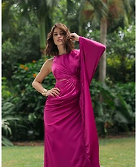 Mac Duggal Women's Charmeuse Kaftan Sleeve Assymetrical Fringe Gown