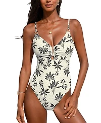 Cupshe Women's Neutral Tropic V Neck Ruched Bathing Suit