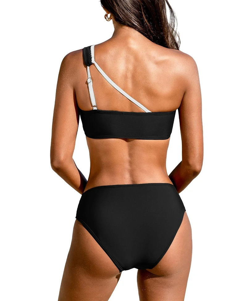Cupshe Women's Cocoa Sunset Scallop Trim One Shoulder Bikini Set