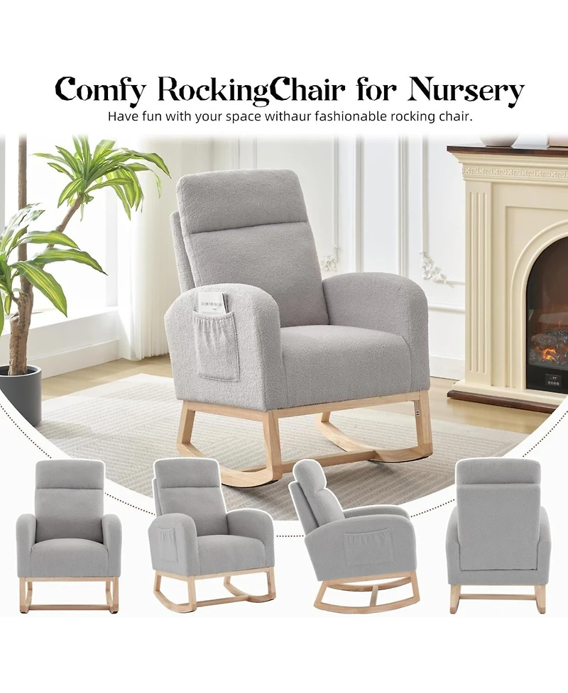 homfan Set of 2 Rocking Chairs, Sherpa Upholstered Glider Recliner with High Back and Rubber Wood Legs for Dining Room or Lounge