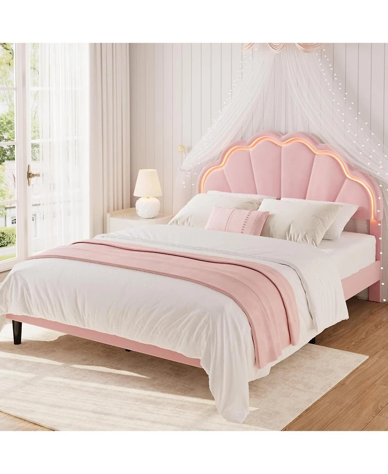 homfan Queen Bed Frame – Velvet Platform Bed with Adjustable Seashell Headboard and Led Light, Under Bed Storage, No Box Spring Needed