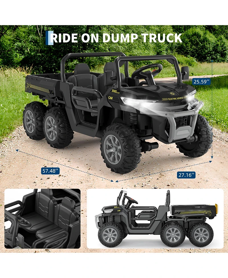 homfan 24V 2 Seater 4WD 6 Wheel Electric Ride On Dump Truck – Utv Car with Remote Control, Bed, Led Lights, MP3, Safety Belt