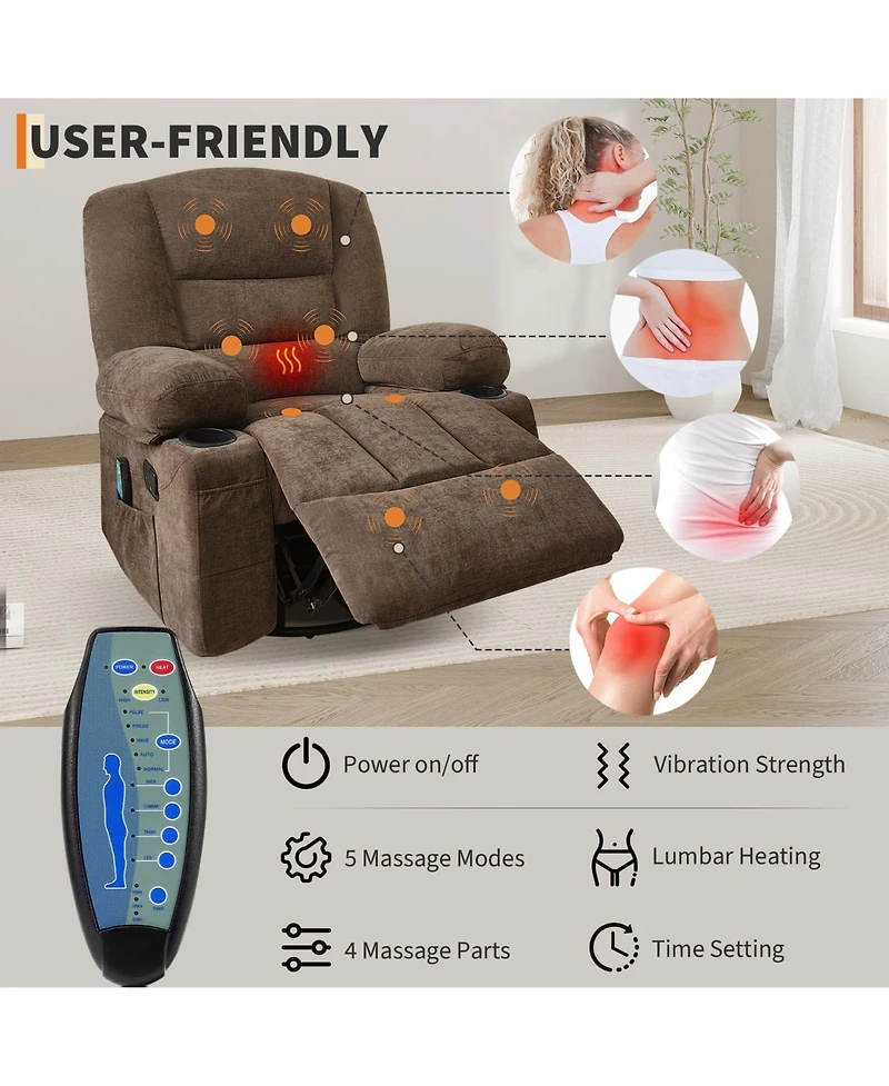 homfan Oversized Recliner, Wide Rocker with Massage Heat, 360degree(s) Swivel Seat for Adults, Glider with Storage, Pockets, 2 Cup Holders