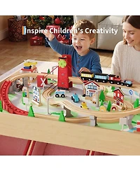 homfan Multi-Level Tracks 92-Piece Wooden Train Activity Table with Storage