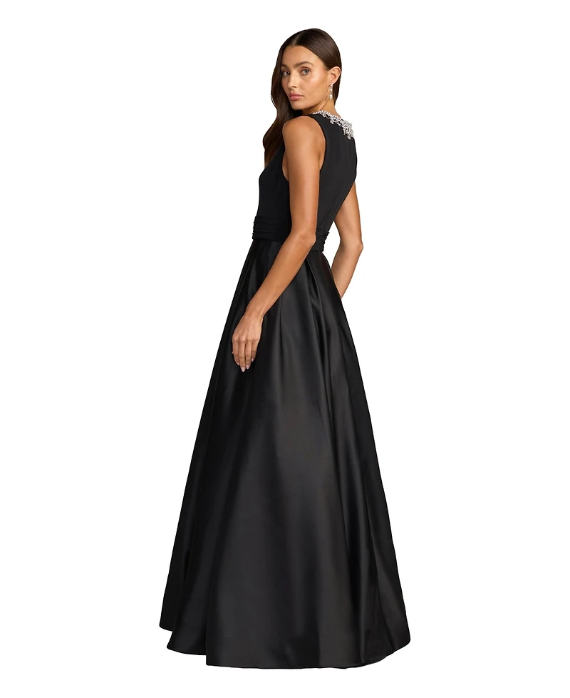 Mac Duggal Petite Pearl-Embellished High-Neck Sleeveless A-Line Evening Gown