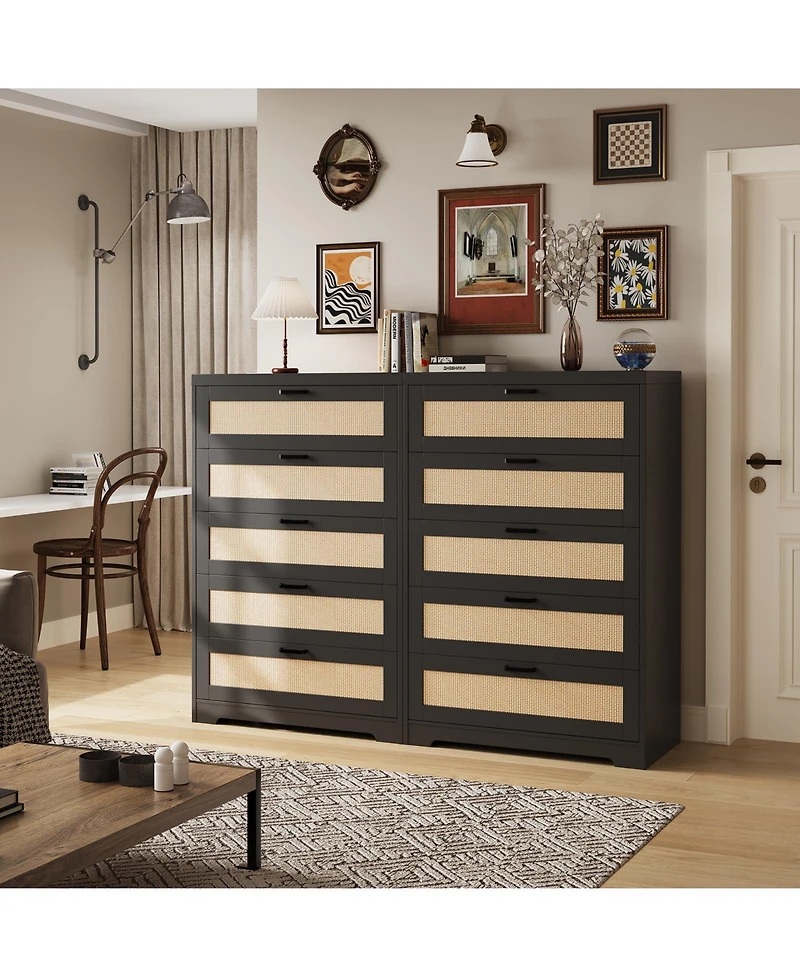 homfan Modern Rattan Hallway Storage Cabinet with 5 Drawers and Power Outlets, Wooden Entryway Chest Metal Handles, Organizer for Bedroom