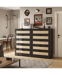 homfan Modern Rattan Hallway Storage Cabinet with 5 Drawers and Power Outlets, Wooden Entryway Chest Metal Handles, Organizer for Bedroom