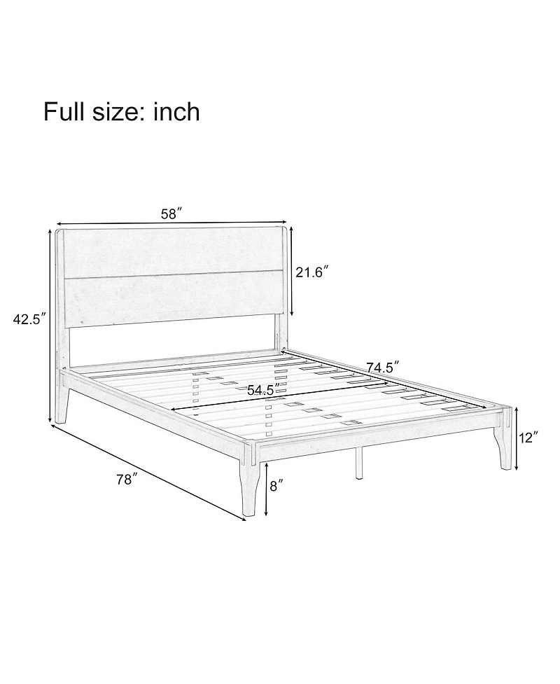 Streamdale Furniture Mid-Century Modern 12' Bamboo Platform Bed Full Size No Box Spring Needed