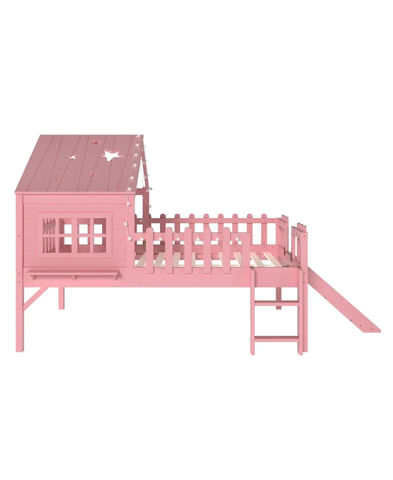 Streamdale Furniture Loft Bed With Slide, Playhouse, Stars, Window, Led Lights