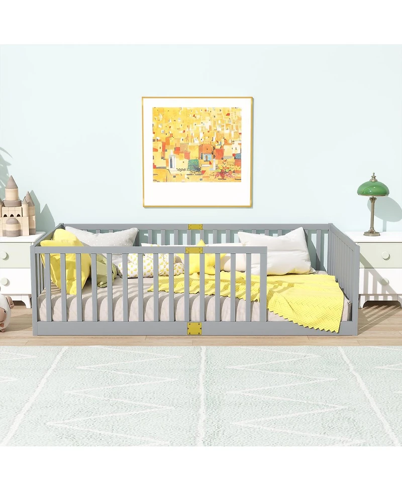 Streamdale Furniture Twin Size Floor Bed with High Fence Railings Rubber Wood
