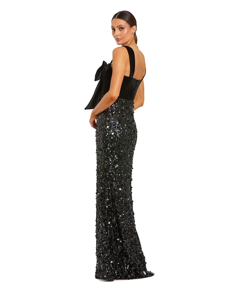 Mac Duggal Women's Sequin Column Gown with Velvet Bow Detail