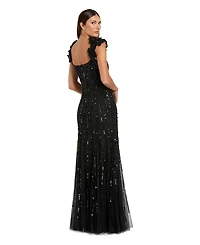 Mac Duggal Women's Floral Shoulder Sequin Mesh Evening Gown