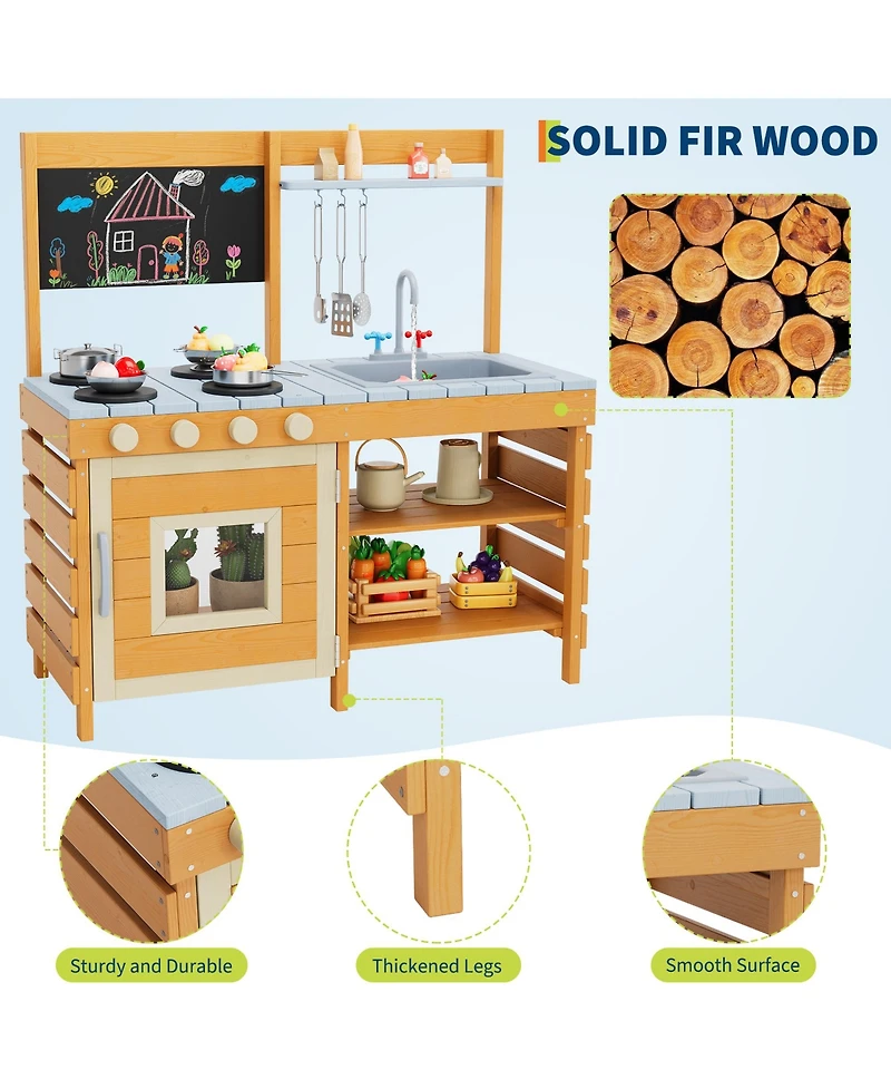 homfan Outdoor Wooden Play Kitchen, Fir Wood Kids Mud Kitchen for Children Ages 3 Plus for Backyard or Garden