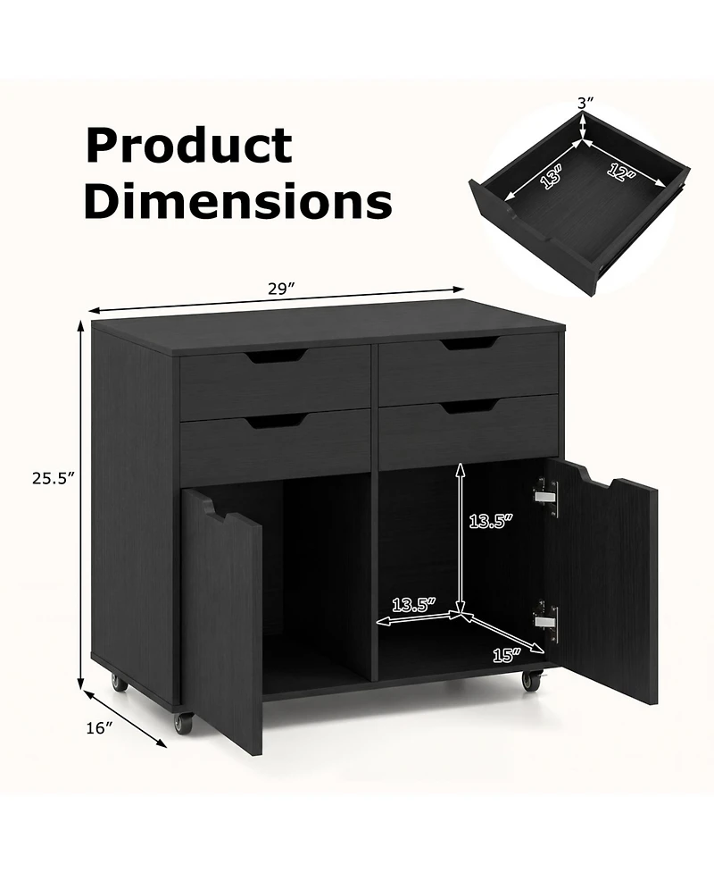 Mecale 4-Drawer File Cabinet with Cabinets and Lockable Wheels
