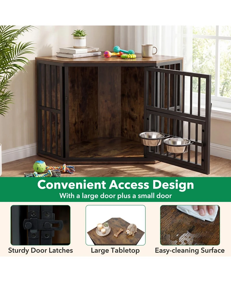 Ruie Wooden Corner Dog Kennel End Table with 3 Position Bowl Rack
