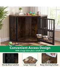 Ruie Wooden Corner Dog Kennel End Table with 3 Position Bowl Rack