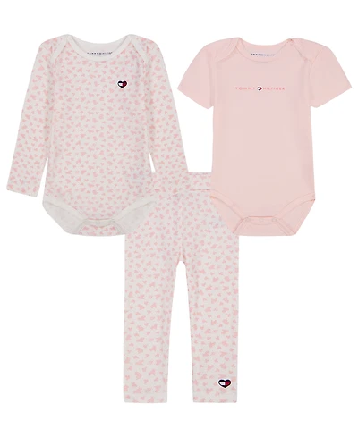 Tommy Hilfiger Baby Girls' Long-Sleeve Bodysuit, Short-Sleeve Bodysuit and Pants, 3-Piece Set