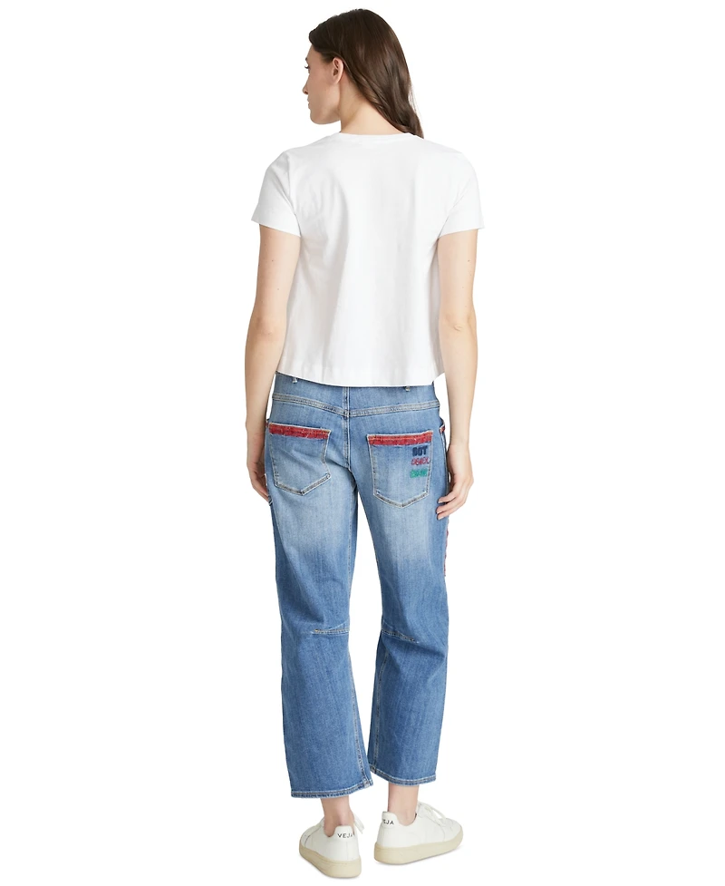 Driftwood Women's Mahjong Motif Embroidered High-Rise Ankle Jeans